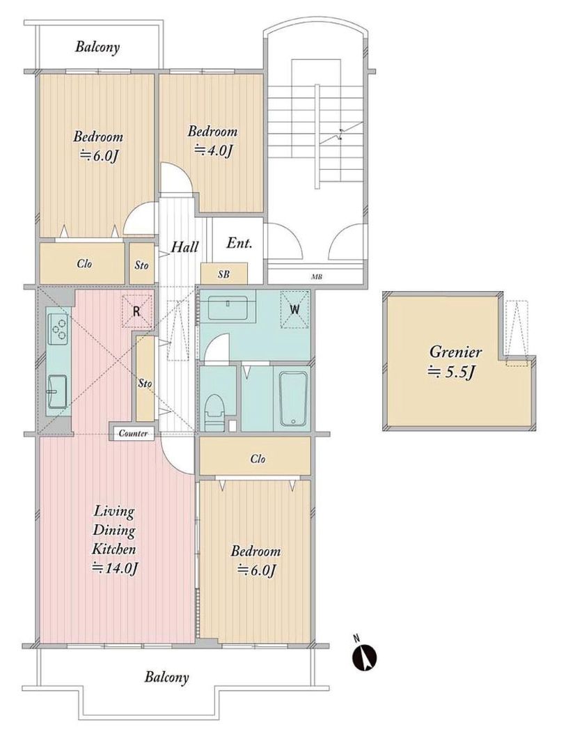 3LDK+屋根裏収納付き 間取り図